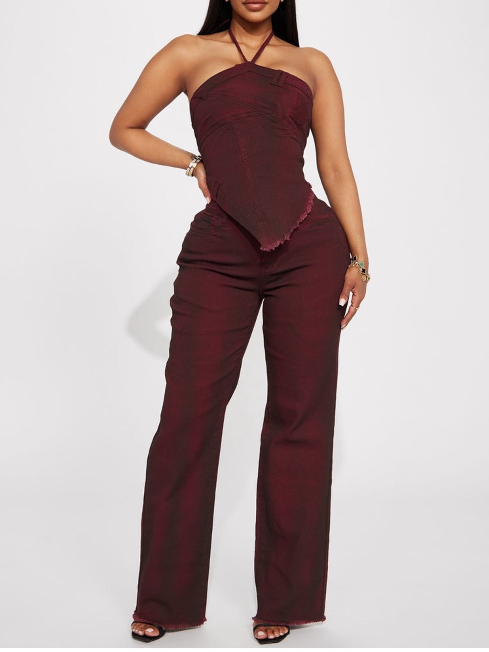 Next Level Washed Denim Pant Set - Wine